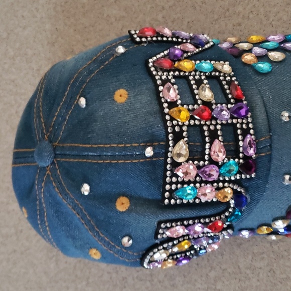 Blinged Blue Denim  Multi-Colored Rhinestone "Queen" Cap - Picture 5 of 7